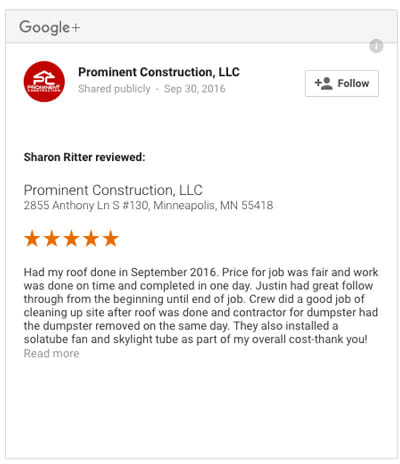 customer review 2017 for Prominent Construction, LLC